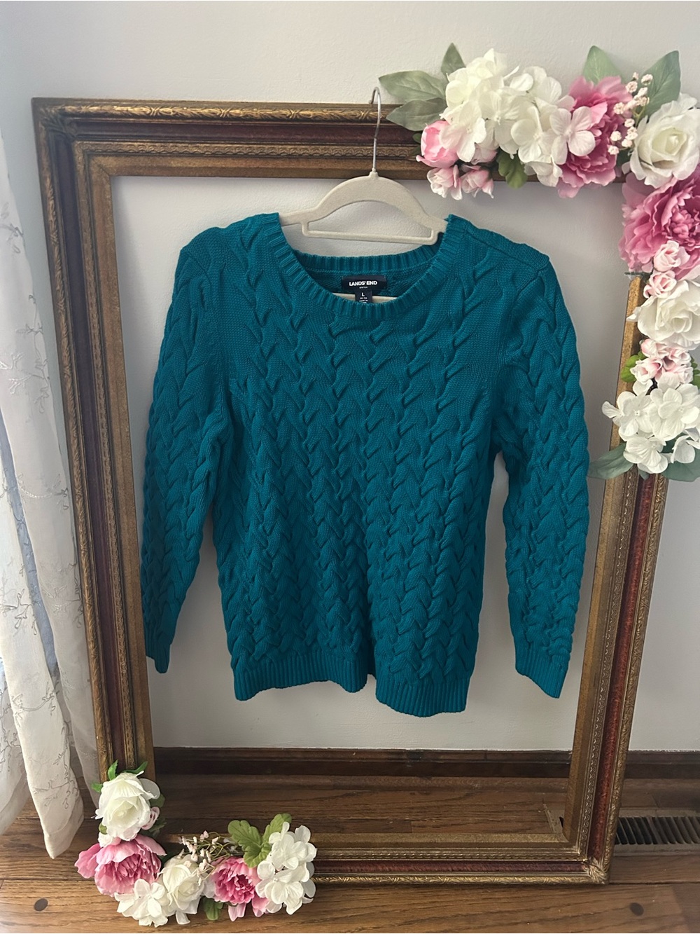 Lands' End Classic Cotton Cable Knit Crewneck Sweater